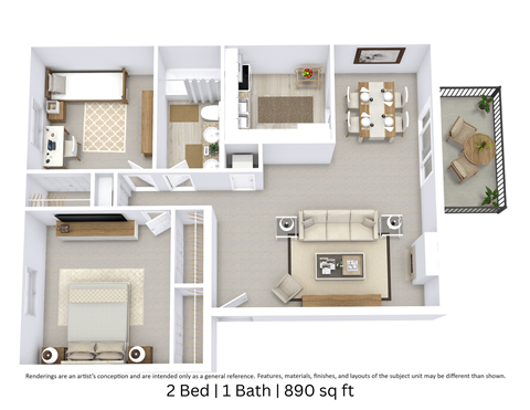 Floor plan for 2 beds, 1 bath, 890 sqft
